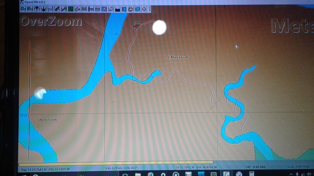 Our route in the GPS. The chart disagrees with our idea of land and water. 